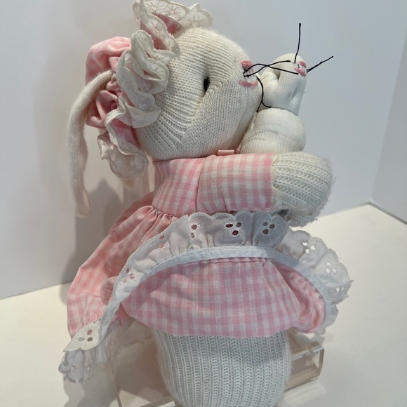 Vintage Handcrafted Socks and Pink Gingham Bunny Mommy and Baby Bunny - Picture 9 of 13